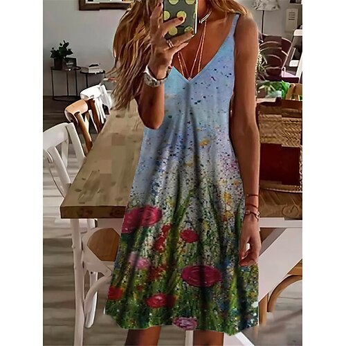 

Femme Robe casual Sans Manches Printemps Eté Imprimer Floral 2022 Bleu S M L XL XXL 3XL