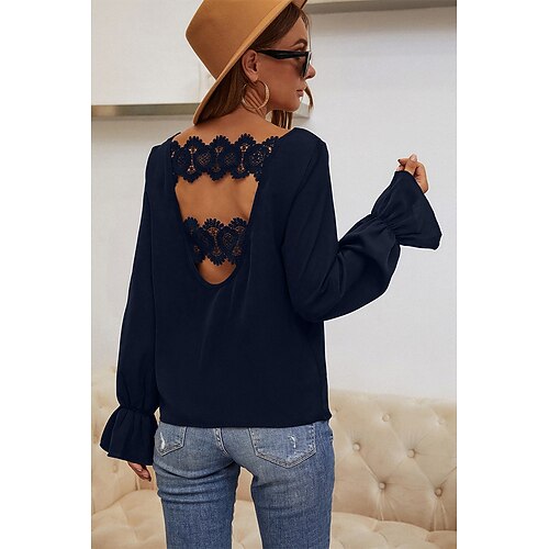 

Women's Blouse Shirt Red Black Plain Long Sleeve Casual Weekend Streetwear V Neck Regular S