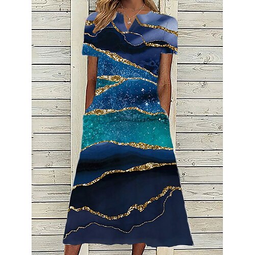 

Mulheres Vestido casual Vestido midi Azul Manga Curta Bloco de cor Bolsos Primavera Verão Decote V 2022 S M L XL XXL 3XL