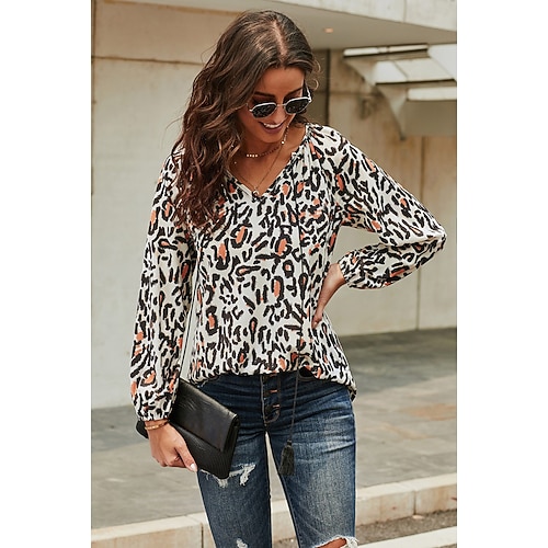 

Women's Floral Leopard Daily Weekend Floral Blouse Shirt Long Sleeve Lace up Print V Neck Casual Streetwear Tops Green Black Blue S / 3D Print