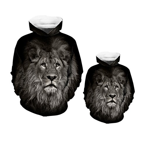 

Dad and Son Hoodie Lion Animal Street Print Black Long Sleeve Active Matching Outfits