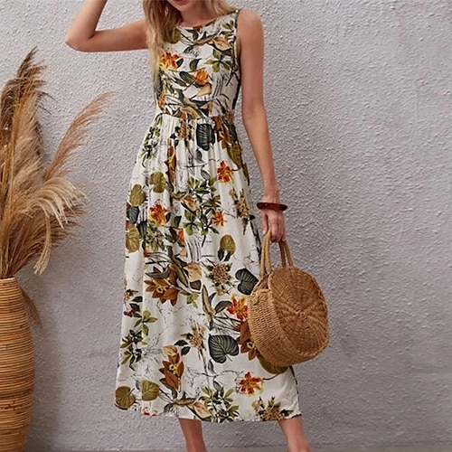 

Women's Casual Dress Swing Dress Sundress Long Dress Maxi Dress Apricot Sleeveless Floral Print Spring Summer Crew Neck Mature Weekend 2022 S M L XL 2XL