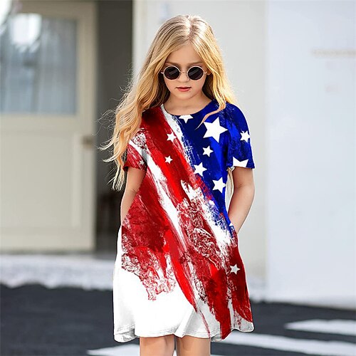 

Kids Girls' American Independence Day Dress Flag A Line Dress Above Knee Dress Daily Print Short Sleeve Cute Dress 3-12 Years Spring White