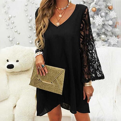 

Mulheres Vestido de turno Vestido preto Minivestido Preto Manga Longa Cor imaculada Renda Verão Primavera Decote V à moda Roupa de inverno Vestido de outono Ajuste Largo 2023 S M L XL XXL