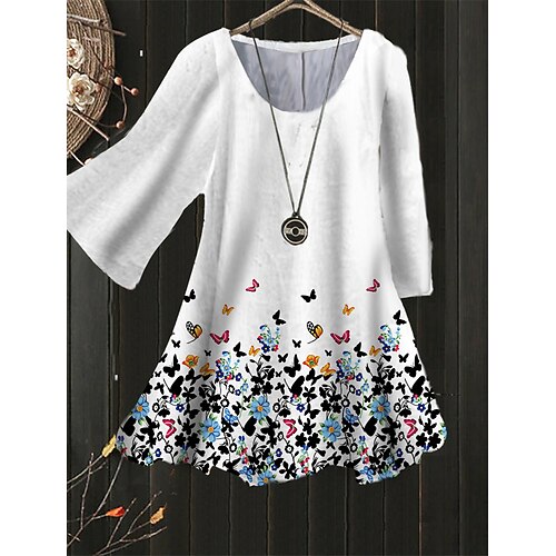 

Women's Plus Size Tops Blouse Shirt Floral Butterfly Print 3/4 Length Sleeve Crewneck Streetwear Daily Holiday Polyester Spring Summer White Blue