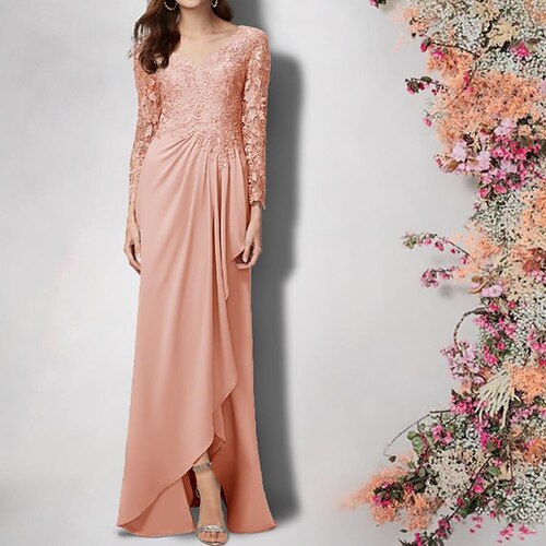 

A-Line Mother of the Bride Dress Plus Size Elegant V Neck Asymmetrical Floor Length Chiffon Lace Long Sleeve with Pleats Appliques 2022