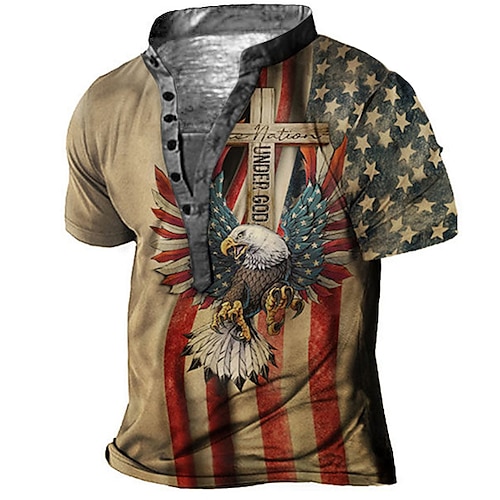 

Men's T shirt Tee Henley Shirt Tee Graphic Eagle Stand Collar Green Blue Brown 3D Print Plus Size Outdoor Daily Short Sleeve Button-Down Print Clothing Apparel Basic Designer Casual Big and Tall