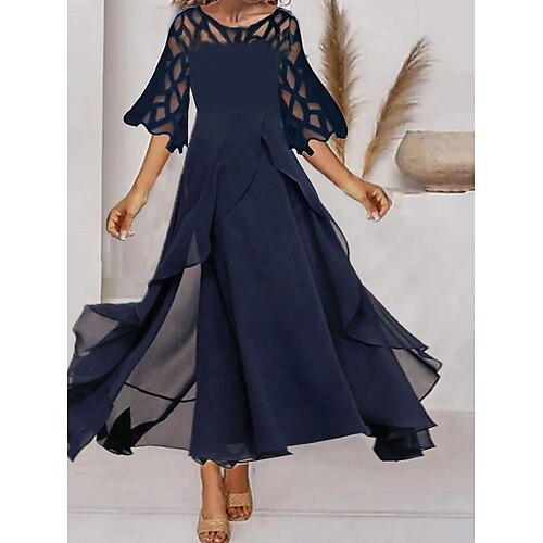 

Women's A Line Dress Party Dress Midi Dress Dark Blue Half Sleeve Pure Color Ruched Mesh Fall Spring Crew Neck Casual Sexy 2022 S M L XL XXL 3XL