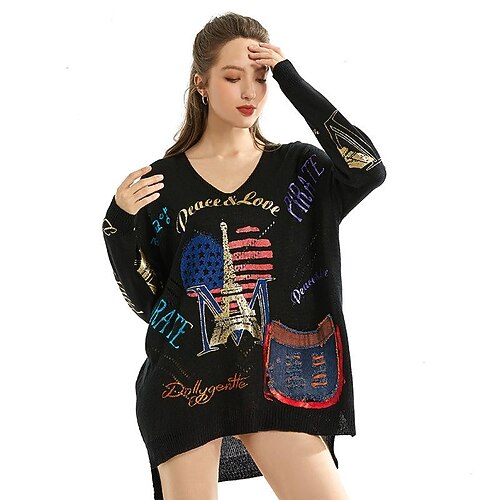 

v-neck loose and slim mid-length women's sweater plus size bronzing print tower denim pocket sweater