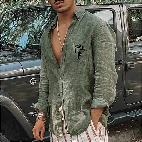 

Men's Shirt Hot Stamping Graphic Patterned Ghost Turndown Street Casual Button-Down Print Long Sleeve Tops Designer Casual Fashion Big and Tall Green White / Summer