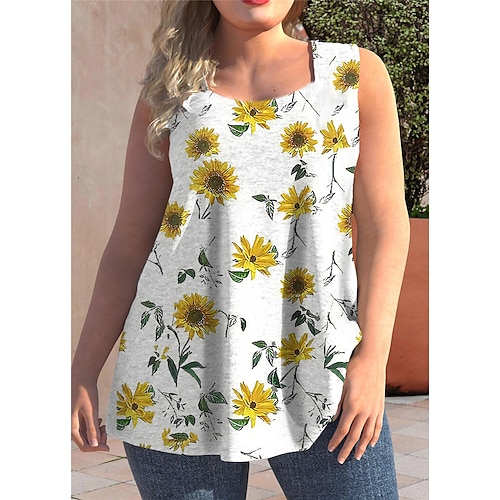 

Women's Plus Size Tops Tank Top Floral Print Sleeveless Strap Streetwear Daily Going out Polyester Spring Summer Yellow Wine