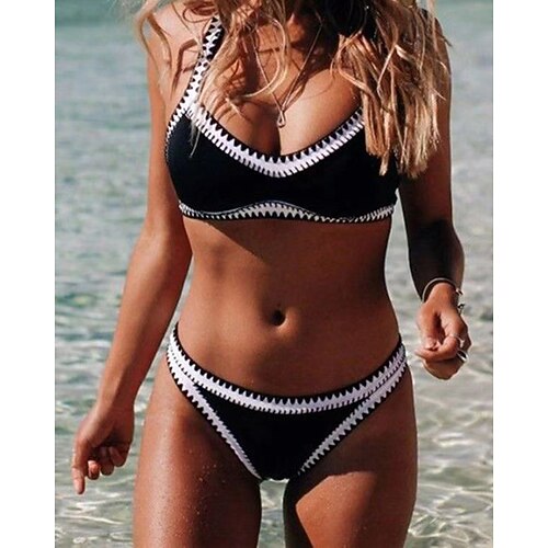 

Mulheres Roupa de Banho Biquíni 2 partes Normal roupa de banho Sem costas Estampado Geométrica Preto Camisola Com Alças Fatos de banho Sensual Férias Moda / Moderno / novo