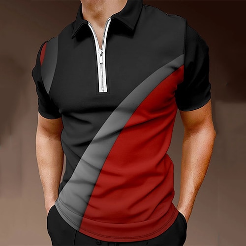 

Men's Collar Polo Shirt Golf Shirt Color Block Turndown BlackRedDark Grey 3D Print Street Daily Short Sleeve Zipper 3D Clothing Apparel Fashion Casual Comfortable / Beach