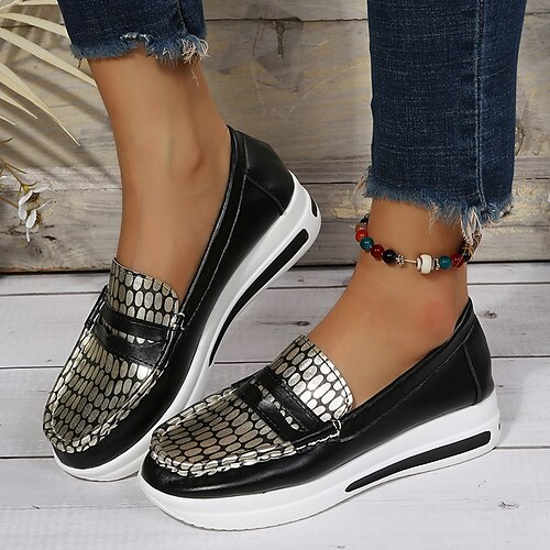 

Women's Slip-Ons Daily Summer Wedge Heel Round Toe Classic Walking Shoes PU Leather Loafer Striped Silver Black Gold