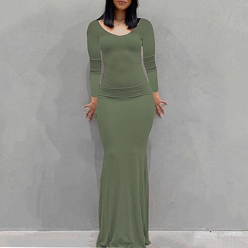 

Women's Sheath Dress Maxi long Dress Green Black Purple Dark Blue Red Brown Long Sleeve Solid Color Ruched Spring Summer Crew Neck Stylish Casual 2022 XS S M L XL XXL 3XL