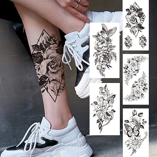 

5 pcs Geometry Rose Flower Temporary Tattoos For Women Girls Black Butterfly Bird Tattoo Sticker Fake Peony Geometric Body Art Tattos