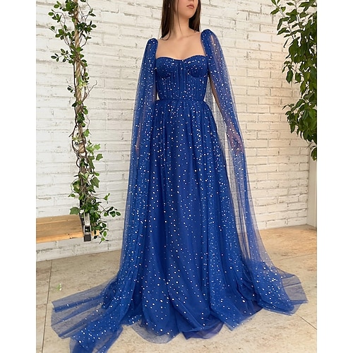 

A-Line Prom Dresses Glittering Dress Engagement Sweep / Brush Train Long Sleeve Square Neck Tulle with Pleats Sequin 2022