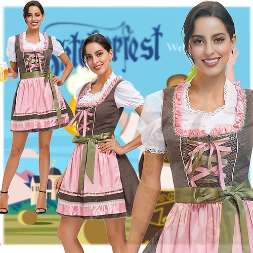 

Oktoberfest Beer International Beer Festival Dirndl Trachtenkleider Women's Dress Apron Bavarian Costume Light Pink