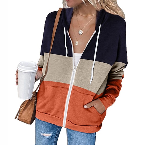 

Women's Casual Jacket Hoodie Jacket Outdoor Daily Fall Winter Regular Coat Regular Fit Thermal Warm Casual Jacket Long Sleeve Color Block Striped Print Black Pink Orange