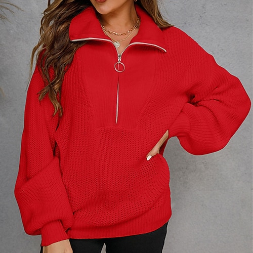 

Women's Pullover Sweater Jumper Ribbed crochet Knit Zipper Knitted Pure Color Shirt Collar Stylish Casual Daily Going out Drop Shoulder Fall Winter Green Army Green S M L / Long Sleeve / Regular Fit