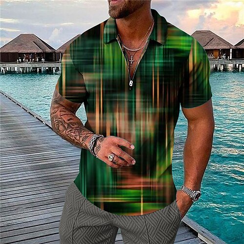 

Men's Collar Polo Shirt Golf Shirt Gradient Turndown Green 3D Print Casual Daily Short Sleeve Zipper Print Clothing Apparel Fashion Designer Casual Breathable / Sports