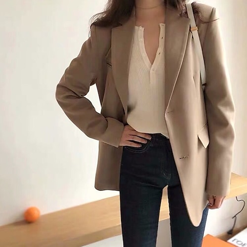 

Women's Blazer Outdoor Street Going out Spring Summer Regular Coat Regular Fit Breathable Streetwear Casual Jacket Long Sleeve Solid Color Pocket Black Khaki