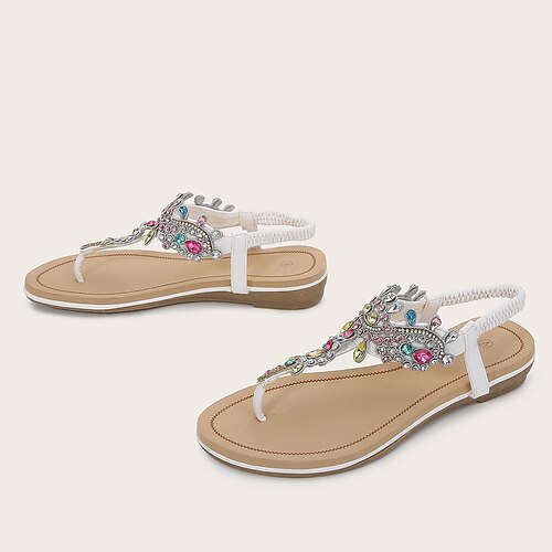 

Women's Sandals Boho Bohemia Beach Flat Sandals Rhinestone Flat Heel Open Toe Elegant Casual Daily Office PU Leather Loafer Spring Summer Solid Colored White