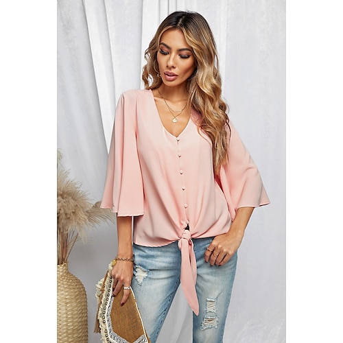 

Chemise Chemisier Femme Noir Blanche Rose Claire Plein Lacet Bouton Demi Manches du quotidien Fin de semaine Vêtement de rue Décontractées Col V Normal Standard S