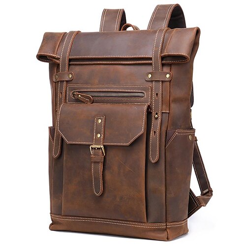 

Men's School Bag Commuter Backpack Functional Backpack Cowhide Solid Color Large Capacity Waterproof Zipper Daily Camping & Hiking Coffee