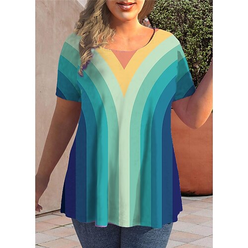 

Women's Plus Size Tops T shirt Tee Rainbow Floral Print Short Sleeve Crewneck Streetwear Daily Back to School Cotton Spandex Jersey Spring Summer Black Blue