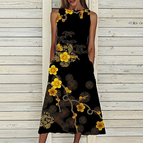 

Women's A Line Dress Midi Dress White Yellow Sleeveless Floral Pocket Print Spring Summer Crew Neck Casual Vacation 2022 S M L XL XXL 3XL