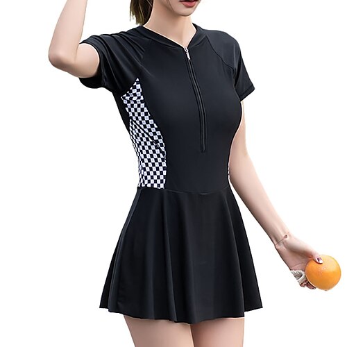 

Women's Rash Guard One Piece Swimsuit UV Sun Protection Plus Size Breathable Short Sleeve Swimwear Bathing Suit Vintage Style Retro Vintage Swimming Surfing Beach Water Sports Grid Pattern Printed