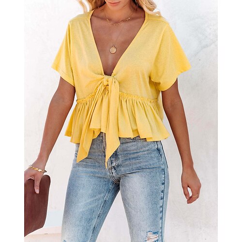 

Women's Plain Daily Weekend Blouse Shirt Short Sleeve Lace up Ruffle Flowing tunic V Neck Casual Streetwear Tops White Black Yellow S