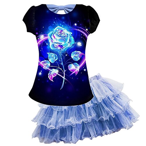 

Kids Girls' T-shirt Skirt SkirtSet Clothing Set 2 Pieces Short Sleeve Purple Floral Mesh Bow Print Street Indoor Vacation Active Casual Fashion Daily Mini 3-10 Years