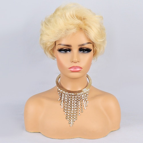 

Remy Human Hair Wig Short Bouncy Curl Pixie Cut With Bangs Blonde Women Best Quality Machine Made Brazilian Hair Women's Unisex Bleach Blonde#613 6 inch Party Daily Daily Wear