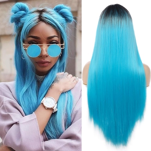

Roll over image to zoom inLong Blue Wigs Ombre Straight Hair Wig with Dark Roots for Women Synthetic Cosplay Wigs Halloween Party Middle Part