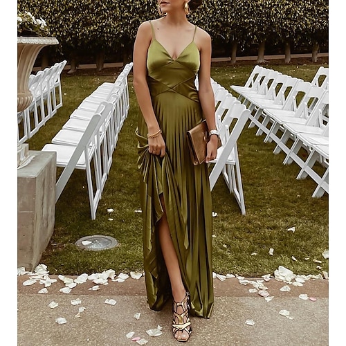 

A-Line Prom Dresses Elegant Dress Wedding Guest Floor Length Sleeveless V Neck Charmeuse with Pleats Pure Color 2022 / Formal Evening