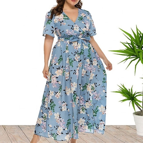 

Women's Plus Size A Line Dress Floral V Neck Split Short Sleeve Spring Summer Casual Maxi long Dress Causal Daily Dress / Print