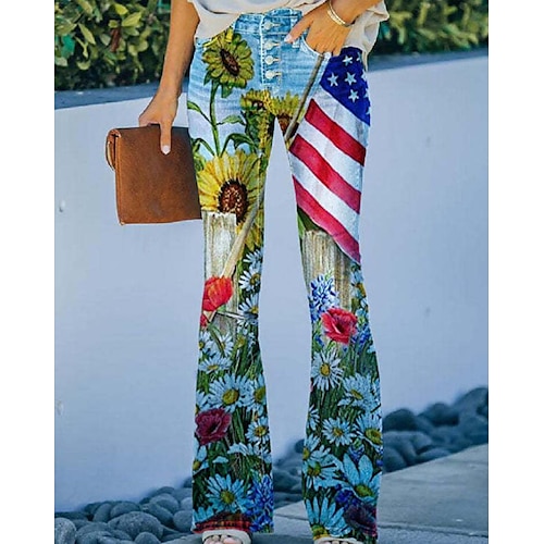 

Women's Flare Chinos Pants Trousers Bell Bottom Faux Denim Blue Mid Waist Fashion Casual Weekend Print Micro-elastic Full Length Comfort Sunflower S M L XL XXL / American Flag