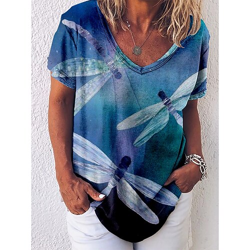 

Women's Animal Casual Weekend Painting T shirt Tee Short Sleeve Print V Neck Basic Essential Tops Green Blue Fuchsia S / 3D Print