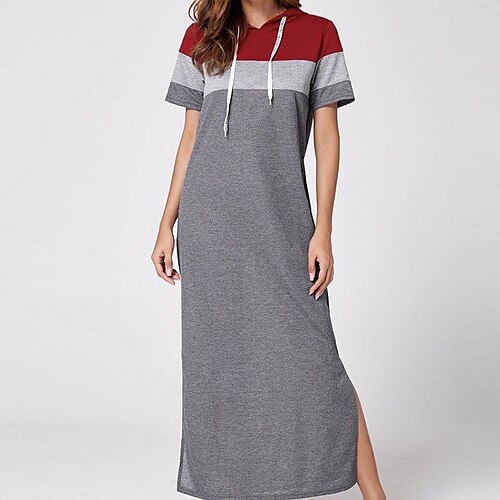 

Women's Hoodie Dress Shift Dress Maxi long Dress Gray Short Sleeve Color Block Lace up Patchwork Spring Summer Hooded Stylish Casual 2022 S M L XL XXL