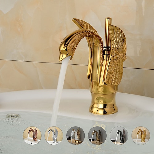 Grifo monomando para lavabo de baño vintage con forma de cisne de latón, grifo monomando para lavabo de baño monomando de un orificio montado en cubierta, grifo monomando para agua fría y caliente con manguera antigua