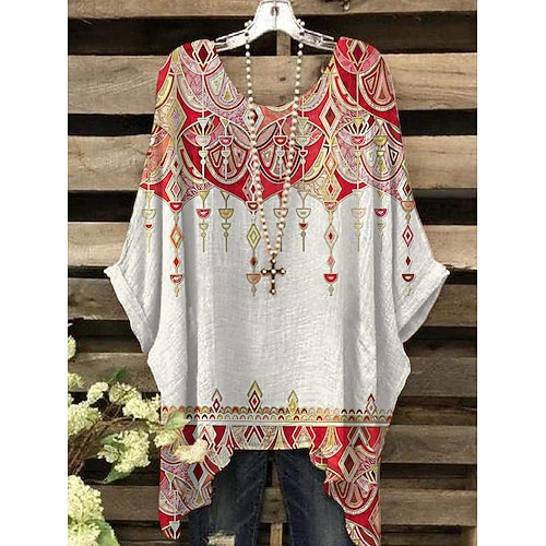 

Women's T shirt Tee Shirt Red Graphic Asymmetric Print 3/4 Length Sleeve Holiday Beach Casual Beach Round Neck Long S / 3D Print