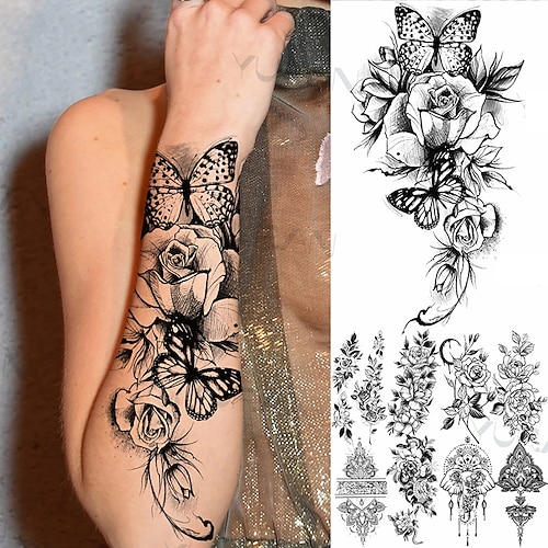 

9 pcs Lace Butterfly Rose Temporary Tattoo For Women Adult Henna Elephant Pendant Moon Flower Fake Tatoo Waterproof Arm Tattoo Sticker