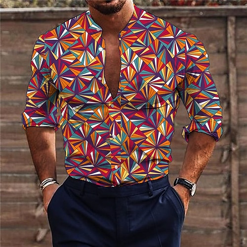 

Homens Camisa Social Camisa Gráfica Geometria Colarinho Chinês Arco-íris Impressão 3D Ao ar livre Rua Manga Longa Botão para baixo Imprimir Roupa Moda Designer Casual Respirável / Verão / Primavera