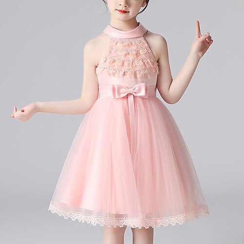 

Kids Girls' Dress Solid Colored Midi Dress Party Lace Sleeveless Princess Dress 4-12 Years Spring Pink Champagne White