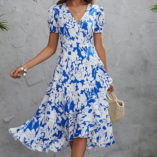 

Women's Casual Dress Swing Dress Floral Dress Midi Dress Blue Short Sleeve Floral Ruffle Spring Summer V Neck Weekend 2022 XS S M L