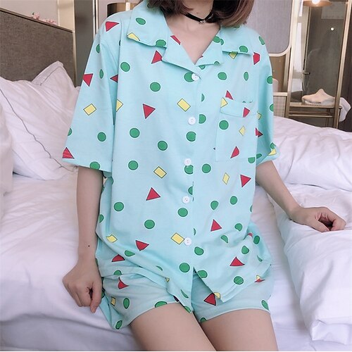 

Women's Pajamas Sets Nighty Dot Geometic Comfort Sweet Home Cotton Lapel Short Sleeve Shorts Button Spring Summer White Pink