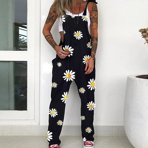 

Women's Overall Pocket Print Floral Square Neck Streetwear Street Daily Regular Fit Sleeveless Blue Yellow Fuchsia S M L Spring