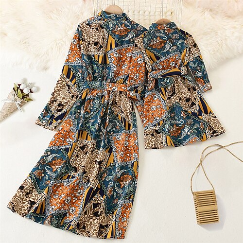 

Mommy and Me Dresses Floral Graphic Patterned Daily Patchwork Multicolor Long Sleeve Midi Vintage Matching Outfits / Fall / Spring / Print
